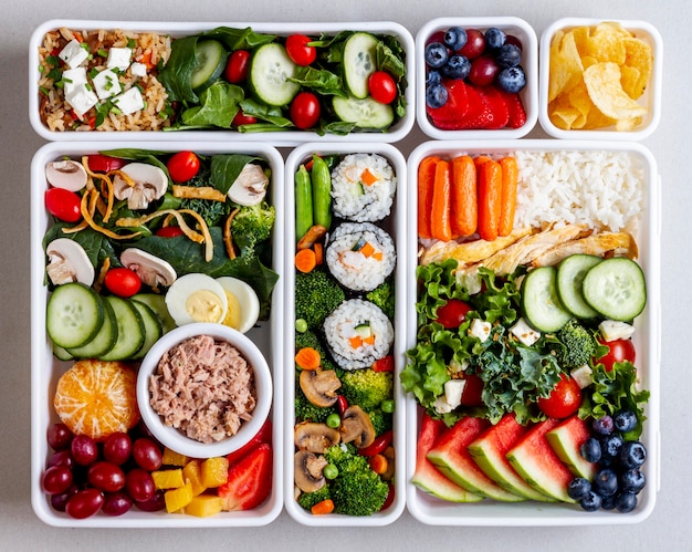 Fish, vegetables and fruits flat lay