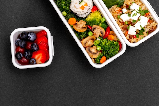 Fish, vegetables and fruits above view