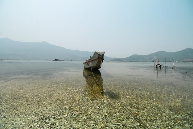 ベトナムの主要な漁村、クイニョンの海岸に係留された漁船