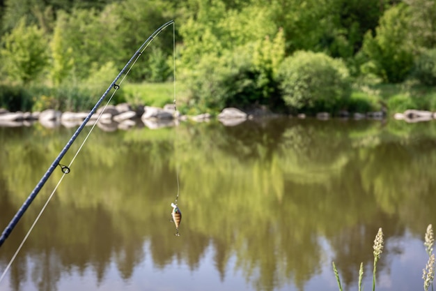 Free photo fishing rod on a blurred background of the lake