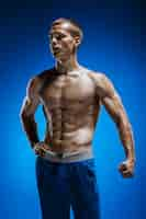 Free photo fit young man with beautiful torso on blue