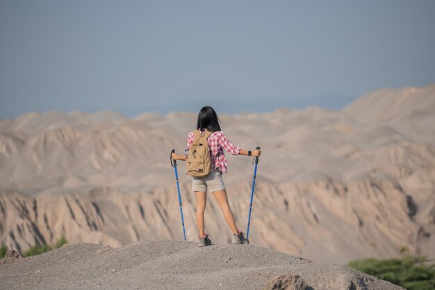 fit young woman hiking in the mountains standing on a rocky summit ridge with backpack and pole looking out over landscape.