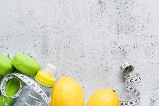 Fitness accessories on grey background