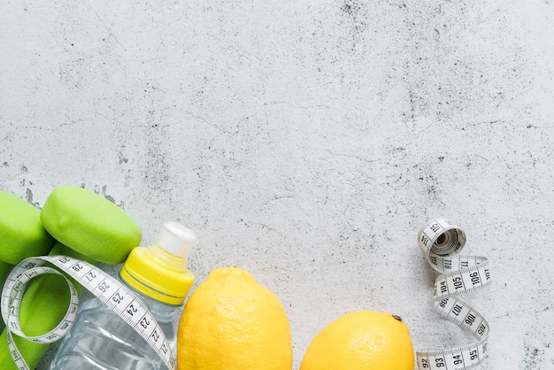 Fitness accessories on grey background