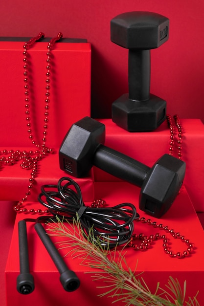 Fitness and gym equipment with christmas theme and decorations