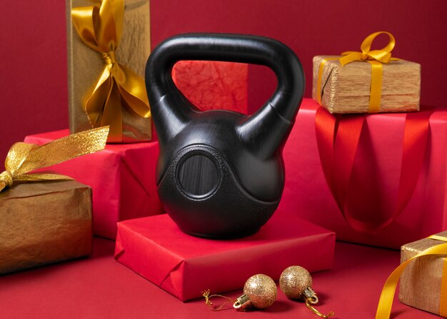 Fitness and gym equipment with christmas theme and decorations