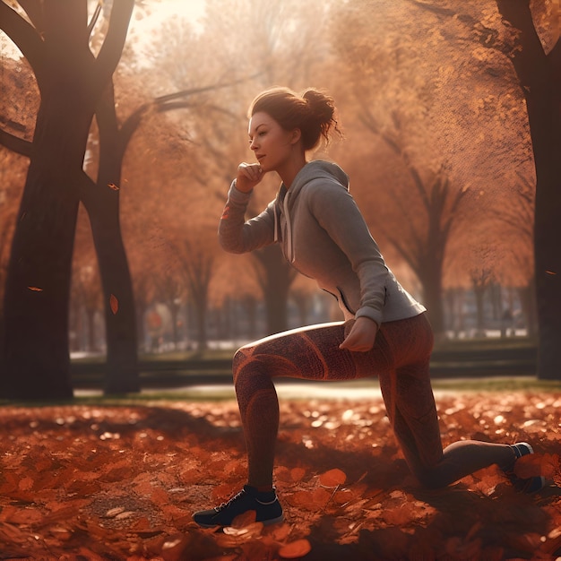 Free photo fitness woman warming up before jogging in the autumn park