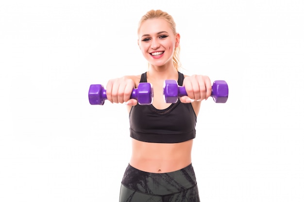 fitness woman working out with blue dumbbells