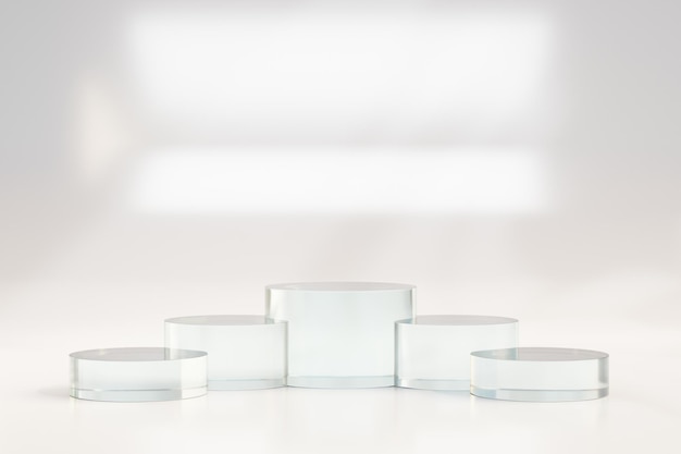 5気筒ブロッククリアガラスステップ表彰台ライトテーマ白背景。 3dイラストレンダリング。 Premium写真