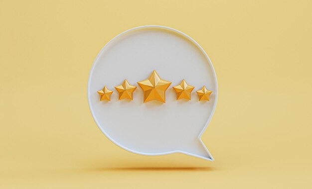 Five golden stars inside white message box for client excellent evaluation by 3d render