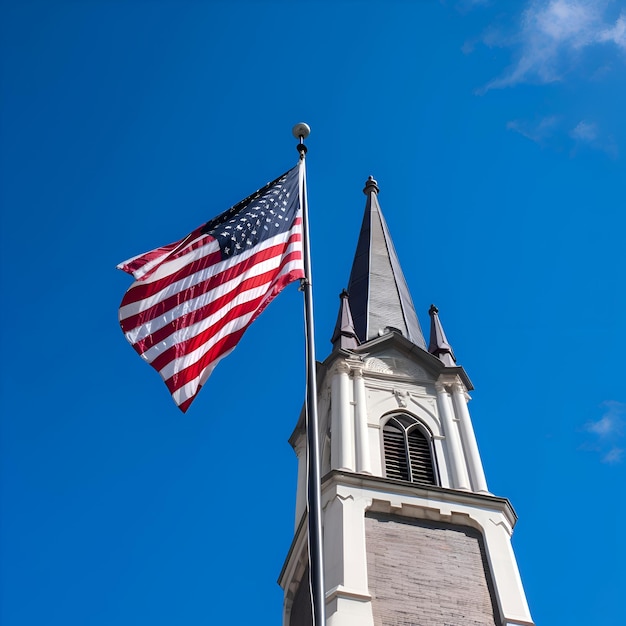 Foto gratuita bandiera degli stati uniti d'america sullo sfondo della chiesa