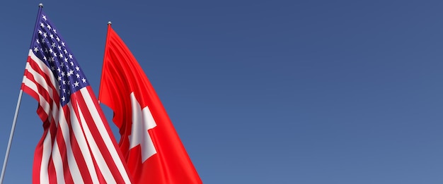 側面の旗竿に米国とスイスの旗青い背景の旗テキストの場所アメリカ合衆国ベルン連邦3dイラスト Premium写真