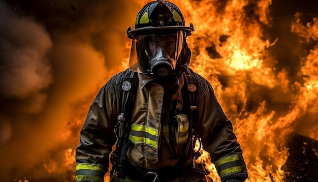 無料写真 燃えている建物を包み込む炎、aiによって生成された消防士が緊急勤務