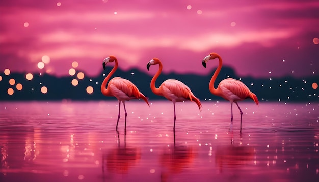 Free photo flamingo birds on the lake at sunset pink and purple colors