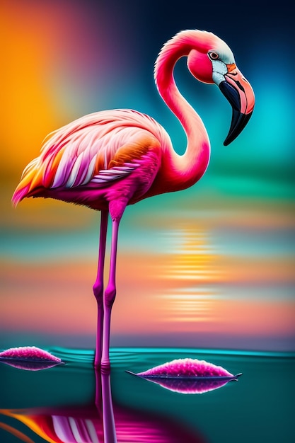 Flamingo on a colorful background with a blue sky and the sun