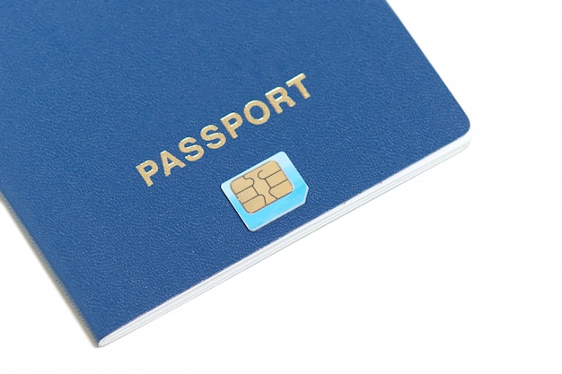 Flat design of passport with chip icon lying on white with copy space for your text. Biometric passport id for travelling. Electronic identification chip.