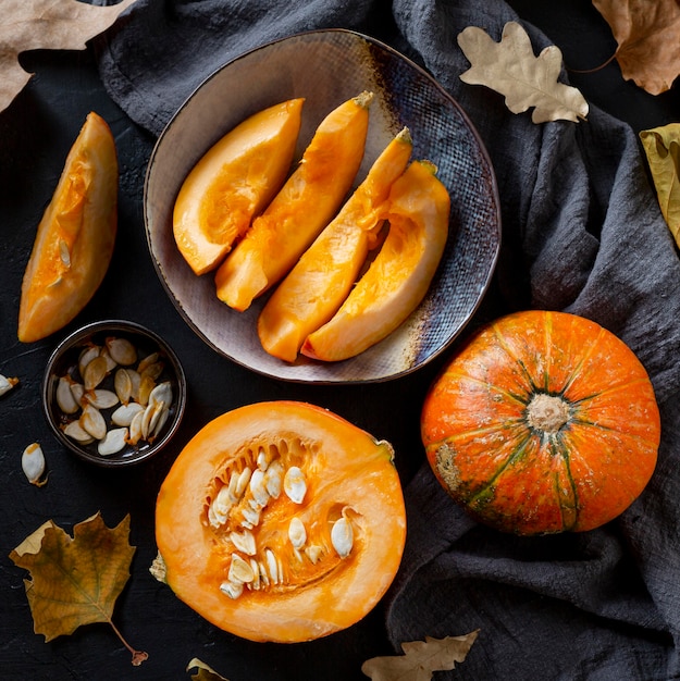 Flat lat pumpkin in bowl arrangement