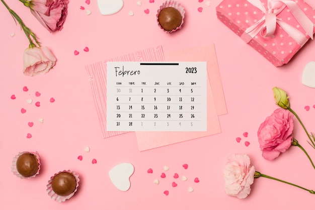 Flat lay 2023 february calendar with sweets