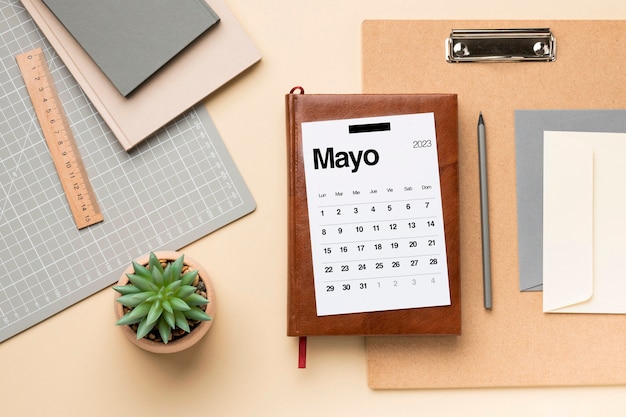 Free photo flat lay 2023 may calendar with plant