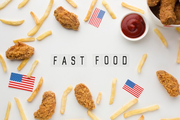 Flat lay of american food arrangement
