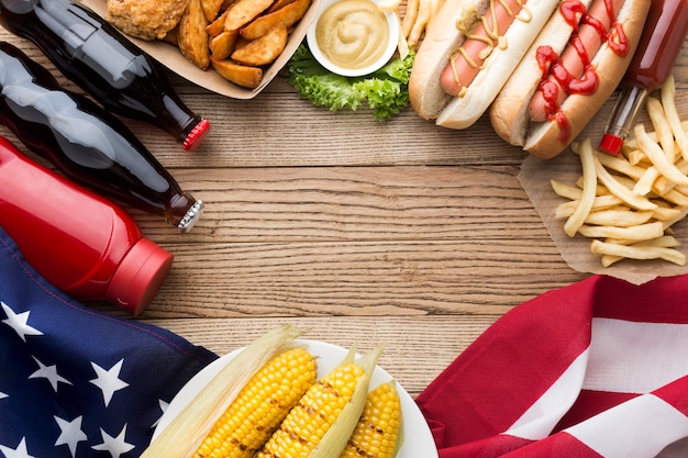 Flat lay of american food with copy space