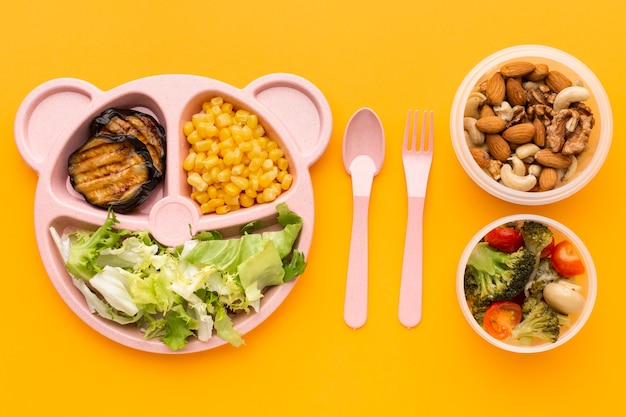 Flat lay arrangement of batch meals