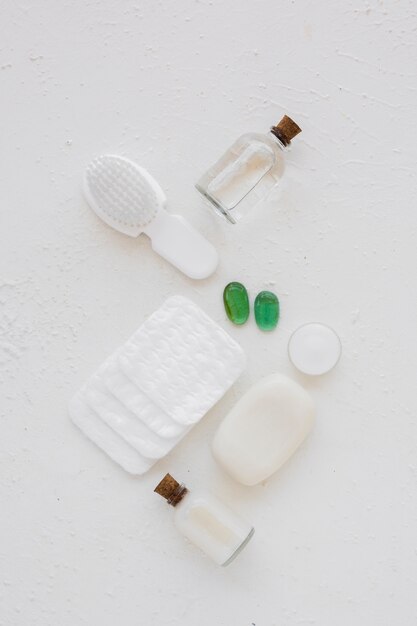 Flat lay arrangement of bath products