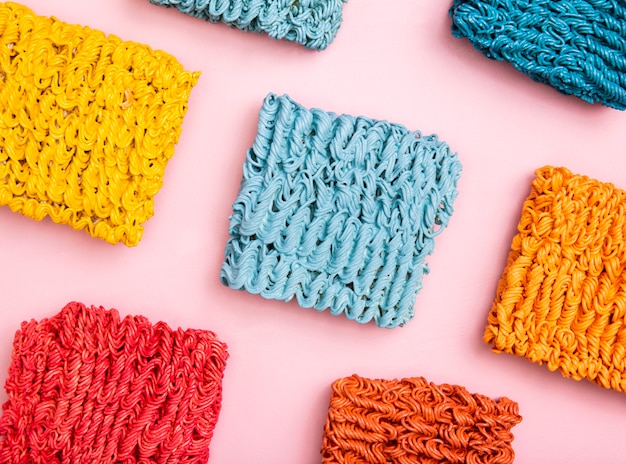 Flat lay arrangement of colorful ramen