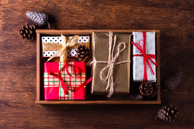 Flat lay arrangement of different colorful christmas gifts