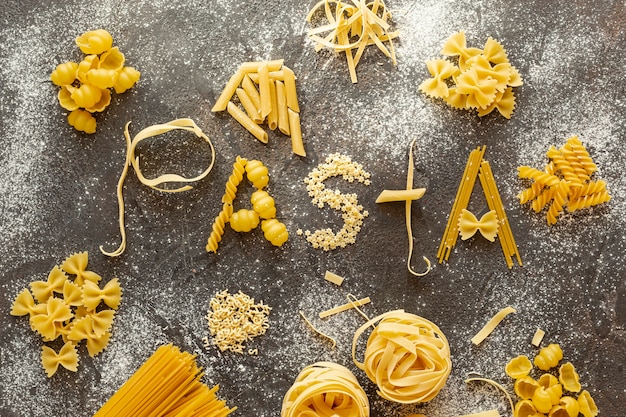 Flat lay of an arrangement of different types of pasta