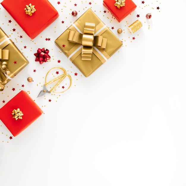 Flat lay arrangement of festive wrapped presents with copy space