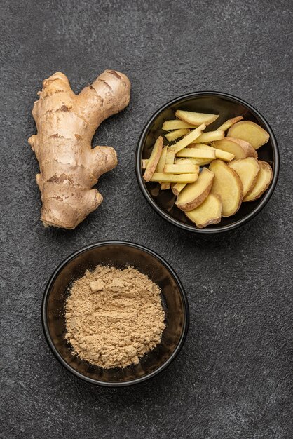 Flat lay arrangement of ginger on table