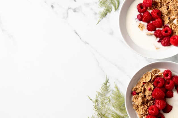 Flat lay arrangement of healthy bowl cereals with copy space