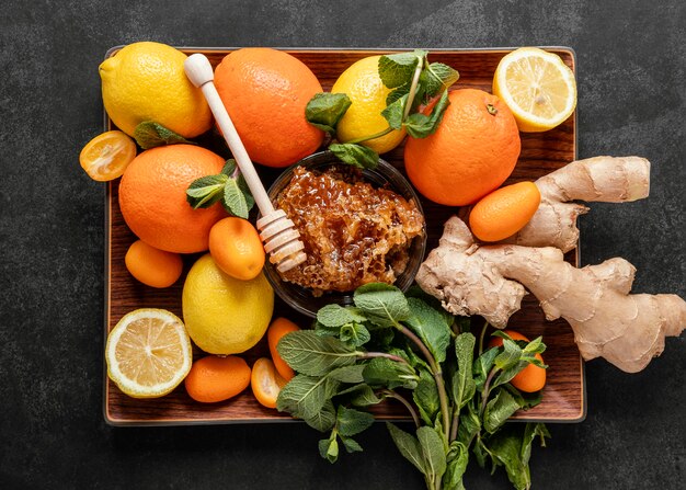 Flat lay arrangement of healthy food for immunity boosting
