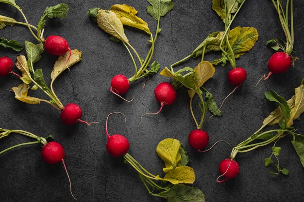 Flat lay arrangement of radishes with leaves