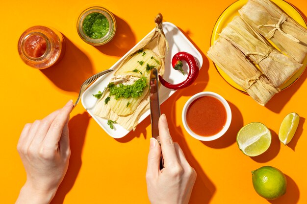 Free photo flat lay arrangement of tamales ingredients