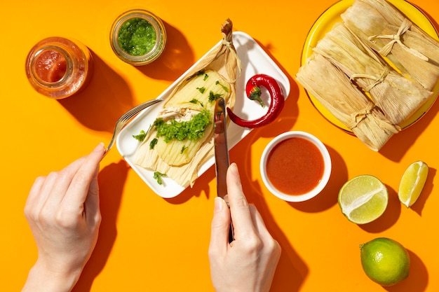 Flat lay arrangement of tamales ingredients