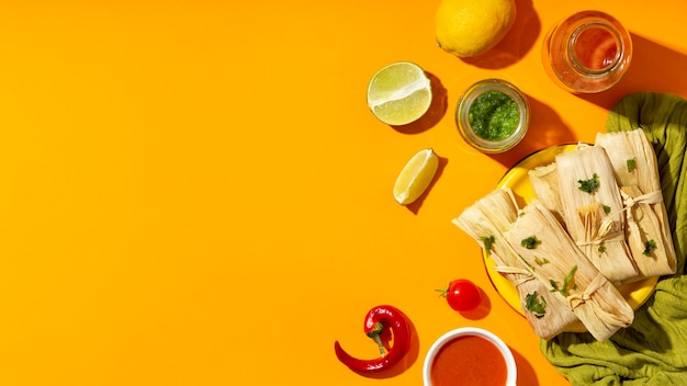 Flat lay arrangement of tamales ingredients