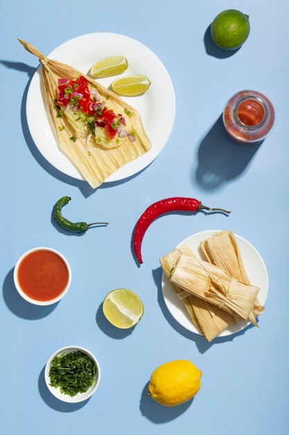 Flat lay arrangement of tamales ingredients