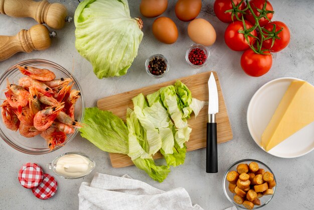 Flat lay arrangement of tasty food and ingredients