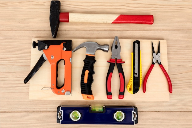 Flat lay arrangement of tools for carpentry