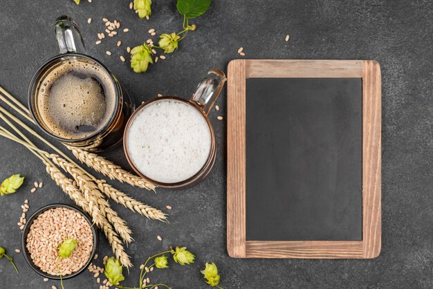 Flat lay arrangement with beer and frame