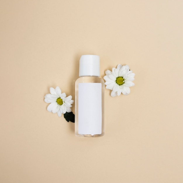 Flat lay arrangement with bottle and daisies 