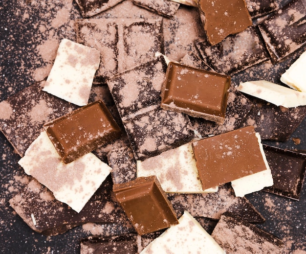 Free photo flat lay arrangement with chocolate covered in cocoa powder