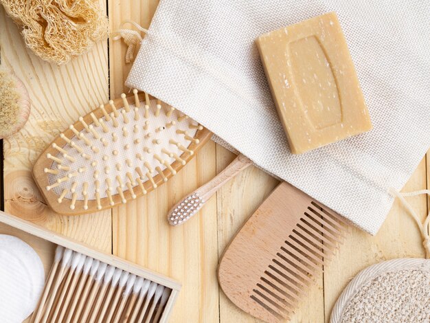 Flat lay arrangement with comb and soap