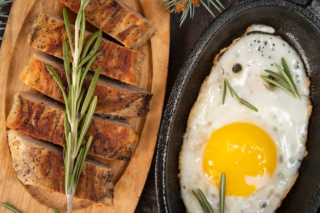 Flat lay arrangement with egg and bread