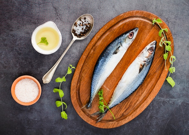 Flat lay arrangement with fish and sauce