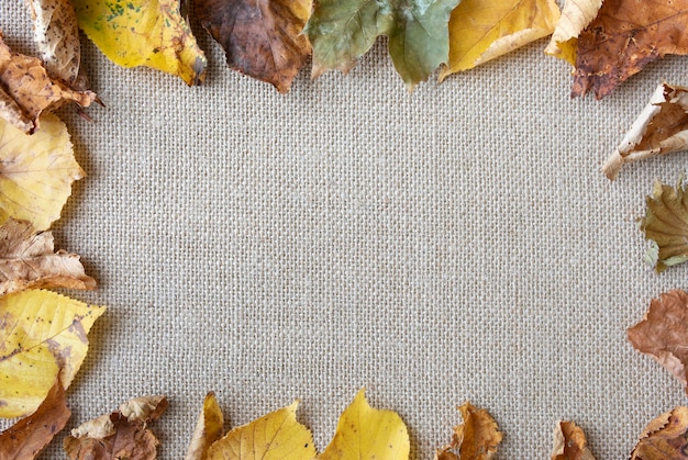 Flat lay arrangement with leaves on sack texture