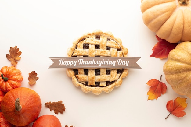 Flat lay arrangement with pie on white background