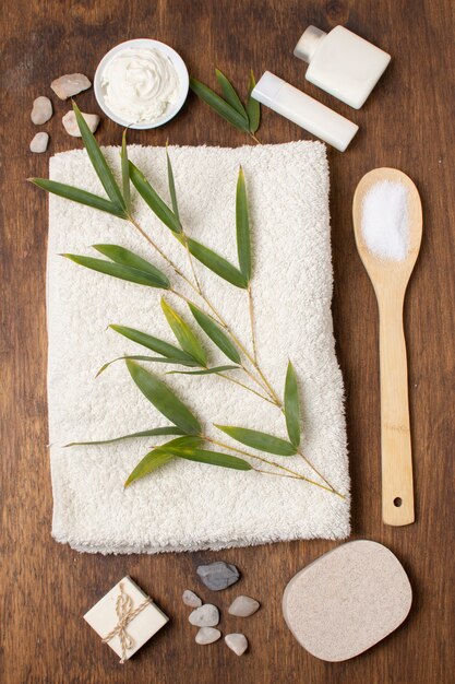 Flat lay arrangement with plant on towel 